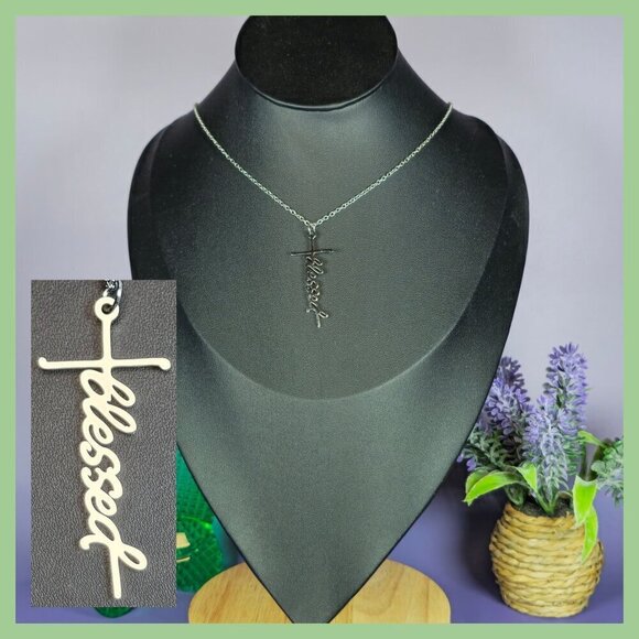 Silver "Blessed" Cross Pendant Necklace (NWOT) - Picture 1 of 5